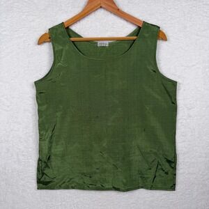 Thai Silk Tank Top Women L Green Sleeveless Scoop Neck Slub Texture Shell A-779